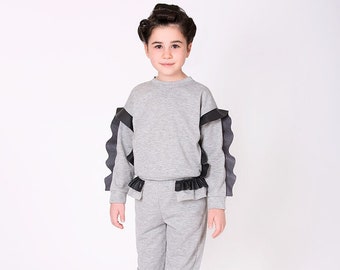 Girl's Silvery Sleeve and Waist Faux Leather Detailed Crew Neck Gray Tracksuit Set