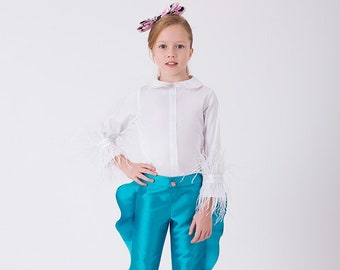 Girl's Feather Wrist Ecru Shirt and Side Flounce Turquoise Trousers Combination | 2 Pieces