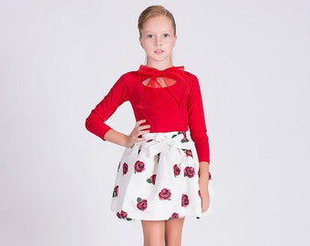 Girl's Bow Detailed Blouse Floral Printed Skirt Combination 2 Piece