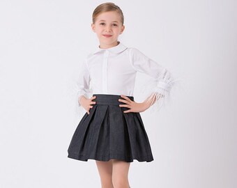 Girl's Ecru Tasseled Blouse Gray Skirt Combination | 2 Pieces