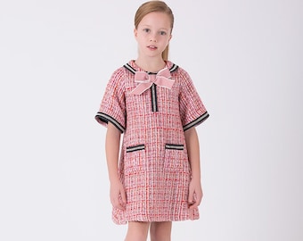 Girl's Pink Tweed Dress with Tiny Bow Collar and Garnish