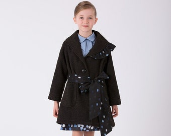 Girl's Polka Dot Organza Belted Navy Blue Stash Coat