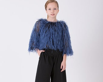 Girl's Feather Blue Blouse Wide Leg Black Trousers Combination | 2 Pieces