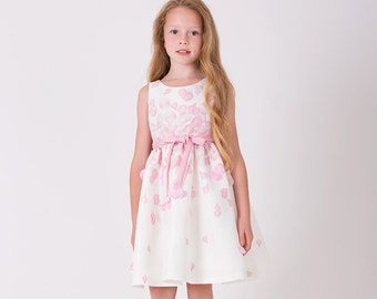 Girl's Waist Bow Three-Dimensional Rose Leaf Printed Ecru Dress