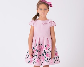 Girl's Short Sleeve, Bow Detailed Skirt on the Shoulder, Floral Printed Pleated Pink Dress