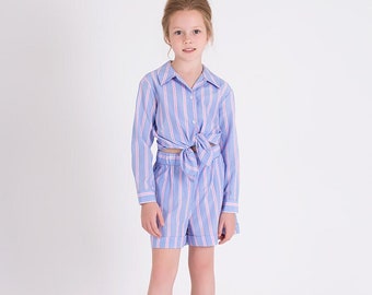 Girl's Pink Striped Shorts Long Sleeve Double Breasted Collar Buttoned Blue Shirt Top and Bottom Set