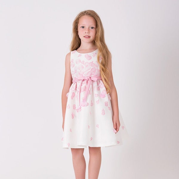 Girl's Waist Bow Three-Dimensional Rose Leaf Printed Ecru Dress