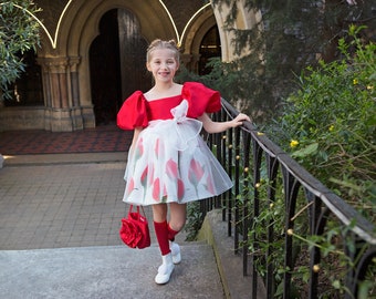 Girl's Balloon Sleeve Red Rose Printed Red and White Organza Dress with Bow at Waist