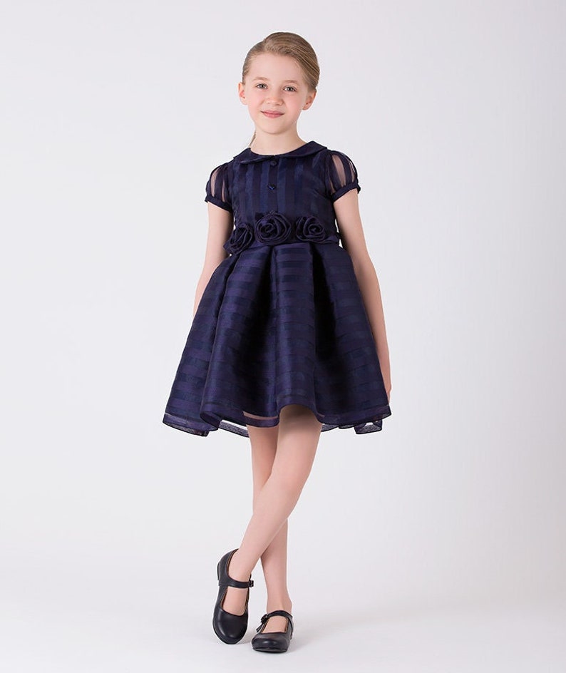 Girl's Floral Embroidered Waist Double Breasted Collar Short Balloon Sleeve Dress Navy blue