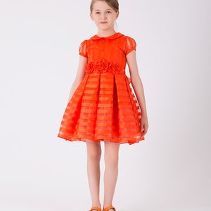 Girl's Floral Embroidered Waist Double Breasted Collar Short Balloon Sleeve Dress Orange