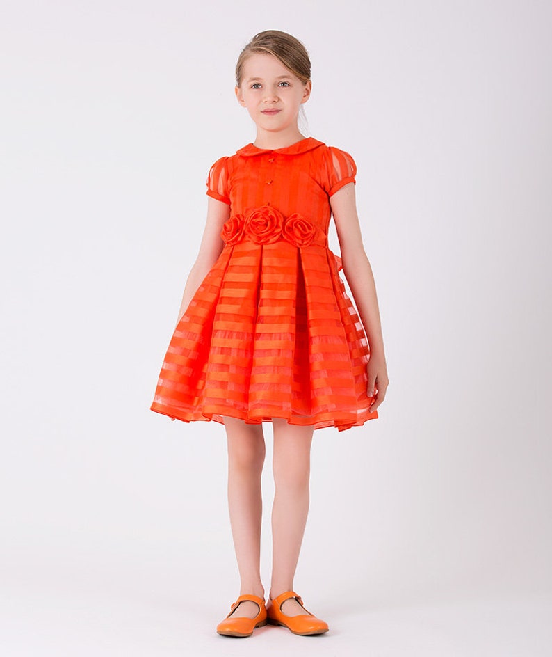 Girl's Floral Embroidered Waist Double Breasted Collar Short Balloon Sleeve Dress Orange