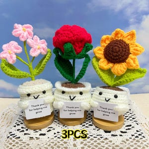 3 pçs crochê girassol/rosa/forget-me-not planta pote, planta de apoio emocional, incentivar flor de crochê, obrigado presentes-presentes de volta às aulas
