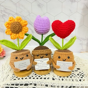 3PCS Crochet Sunflower/Daisy/Tulip/Heart Plant Pot,Emotional Support Plant,Encourage Crochet Flower Gift for Her,Positive Sunflower Presents