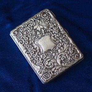 Victorian Sterling Silver Card & Stamp Case: Embossed Floral Design, 1876 Antique