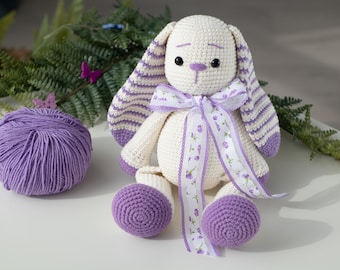 Stuffed Bunny toy with lilac striped long ears Handmade soft bunny for baby Nursery bunny gift toy  Easter rabbit gift