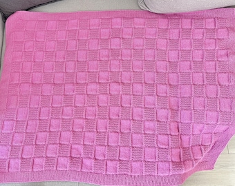 Hand knitted wool baby blanket, Pink checkered blanket, Baby shower gift