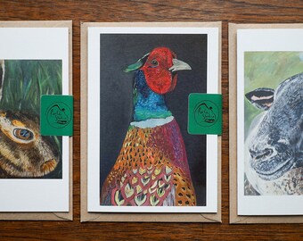 Set of 3 Animal artwork Greetings Cards