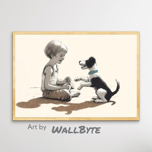 Junge spielt mit einem Hund. Digitales Wandbild, druckbares Kunstwerk zum Dekorieren, Basteln und Dekorieren. #0609