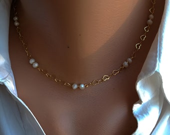 Heart Detail Pearl Necklace - 39cm + Extender, Elegance in Pearls