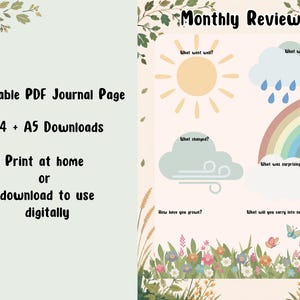 Peut inclure: Une page de journal PDF imprimable avec des options de téléchargement A4 et A5. La page présente un en-tête Monthly Review, un soleil, des nuages de pluie, un arc-en-ciel et des icônes de vent avec des questions, le tout encadré par des fleurs.