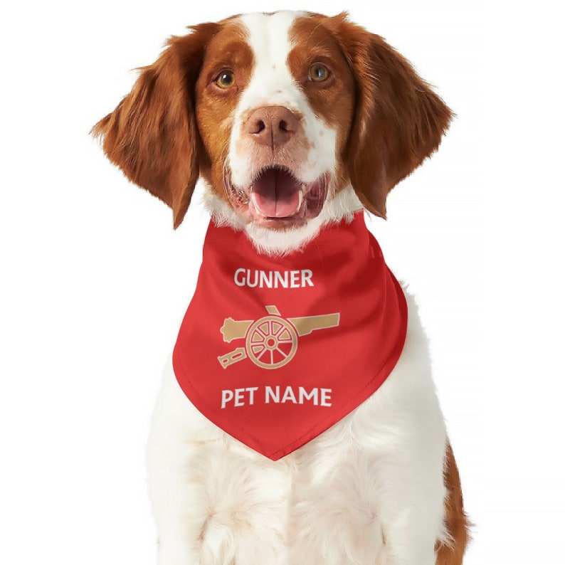 May include: A red dog bandana with the Arsenal Football Club logo and the text "GUNNER" and "PET NAME".