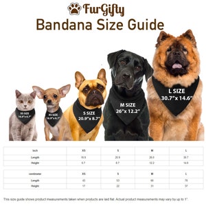 May include: A size guide for dog bandanas with four dogs wearing bandanas in different sizes. The guide shows the bandana measurements in inches and centimeters for XS, S, M, and L sizes.