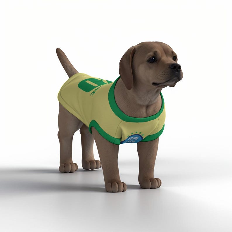 May include: A light brown puppy wearing a yellow and green jersey with the number 10 and the text "1960". The jersey has green trim and a blue emblem. The puppy is standing on a white surface.