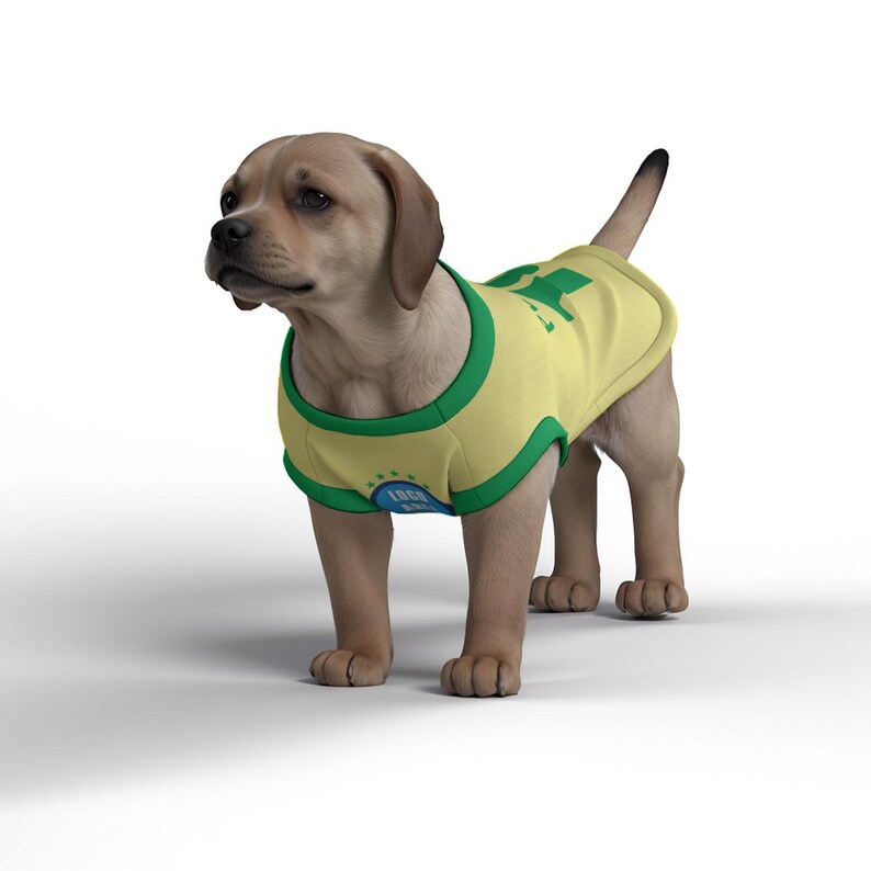 May include: A light brown puppy wearing a yellow and green shirt with a Brazilian flag design. The shirt has green trim and a blue emblem. The dog is standing on a white surface.