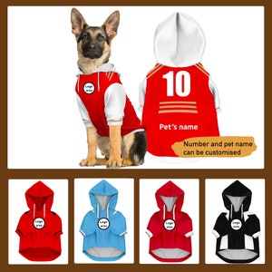 May include: Red, blue, and black dog jerseys with white trim and a white hood. The jerseys have a logo area and the text "Logo area" printed on them. The red jersey has the number "10" printed on it and the text "Pet's name".