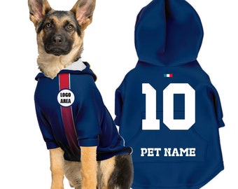 Sweat à capuche personnalisé pour animaux de compagnie PSG Paris Saint-Germain FC 23/24 avec logo original du FC (Cadeau costume de football pour chien et costume de football pour chat)