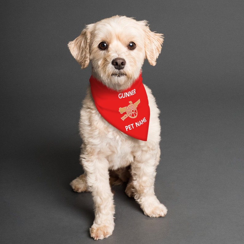 May include: A white dog wearing a red bandana with the text "GUNNER" and a gold cannon logo. The bandana also has the text "PET NAME" on it.