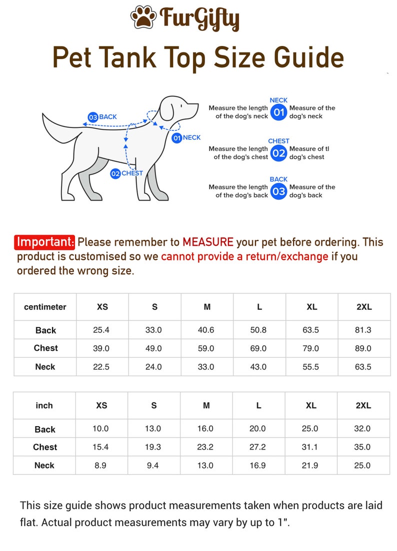 May include: Size chart for a pet tank top in inches and centimeters. The chart shows measurements for back, chest, and neck in XS, S, M, L, XL, and 2XL sizes. The chart also includes a diagram of a dog with arrows showing where to measure the back, chest, and neck.