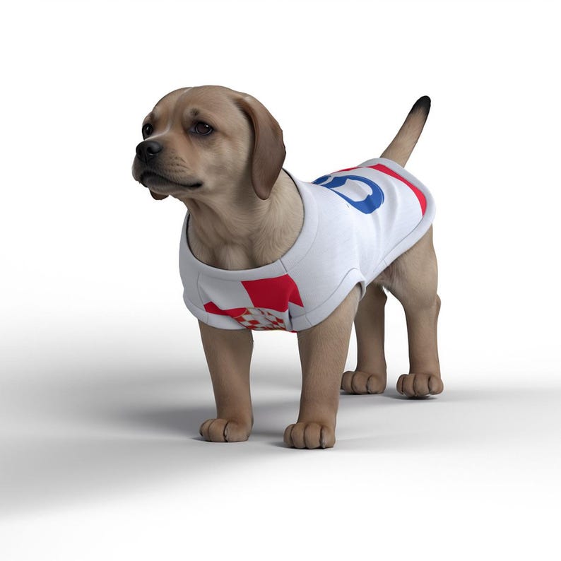 May include: A light brown puppy wearing a white t-shirt with a red and white checkered pattern on the left side and a blue number "0" on the right side.
