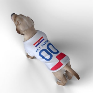 May include: A white dog jersey with the Croatian flag, the text "PET NAME" and the number "00" printed on it. The jersey is worn by a light brown dog.