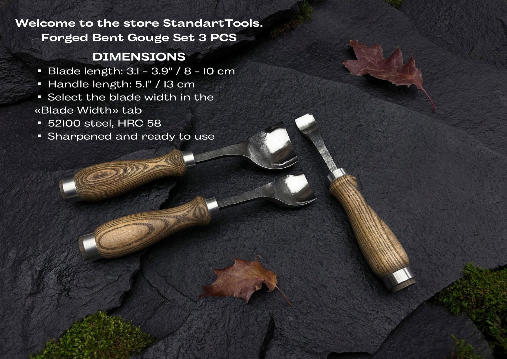 Bent Gouge Set 3 PCS. Wood Carving Gouge. Rounded Chisel. Bent Chisel. Kuksa