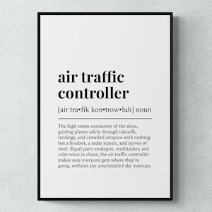May include: Black and white printable art print with a definition of an air traffic controller. The text reads: "air traffic controller [air trafik kon⚫trow⚫luh] noun The high-stress conductor of the skies, guiding planes safely through takeoffs, landings, and crowded airspace with nothing but a headset, a radar screen, and nerves of steel. Equal parts strategist, multitasker, and calm voice in chaos, the air traffic controller makes sure everyone gets where they're going, without any unscheduled sky meetups."