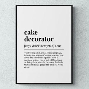 May include: A framed print with the words "cake decorator" in bold black font. Below the title is the phonetic pronunciation. The text describes the cake decorator as an artist who transforms baked goods into delicious works of art.