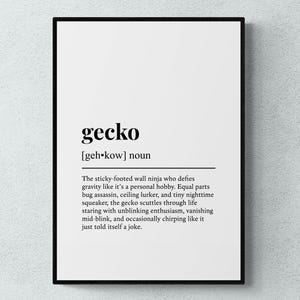 Gecko Definition Print, Funny Reptile Wall Art, Lizard Gift