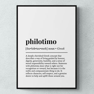 Puede incluir: Una lámina enmarcada con la palabra philotimo en negrita negra sobre fondo blanco. Debajo de la palabra aparece la pronunciación fonética fee-loh-tee-moh, la clasificación como sustantivo y un párrafo que define el concepto griego.
