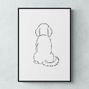 Puede incluir: Una impresión artística minimalista en blanco y negro que presenta un dibujo de línea continua de un perro desde la parte trasera. El perro está sentado, con la cola esponjosa enroscada. La obra de arte está enmarcada en un borde negro, sobre un fondo blanco.
