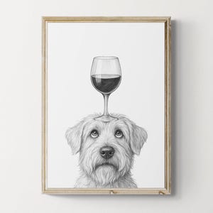 Soft Coated Wheaten Terrier Dog Art Print, Funny Dog and Wine Drawing, Dog Lover Wall Decor, Wine Lovers Gifts | Printable Digital Download