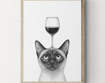 シャム猫のアートプリント、面白い猫とワインの絵、ワイン好きへのギフト | 印刷可能なデジタルダウンロード