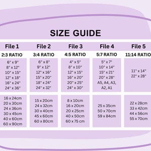 May include: A size guide chart for digital files, showing different aspect ratios and corresponding measurements in inches and centimeters. The chart includes file names, aspect ratios, and measurements in both inches and centimeters.