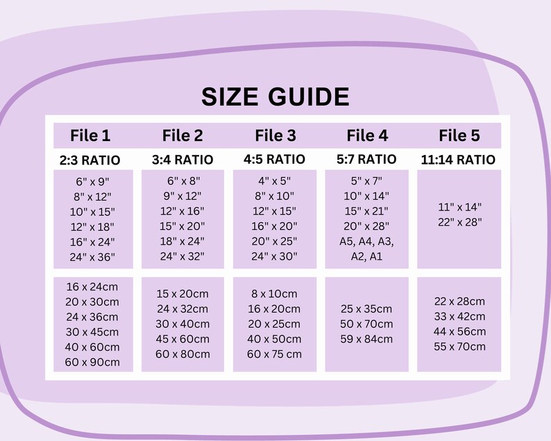 May include: A size guide chart for digital files, showing different aspect ratios and corresponding measurements in inches and centimeters. The chart includes file names, aspect ratios, and measurements in both inches and centimeters.