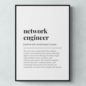 May include: A framed print with the words "network engineer" in a bold, sans-serif font. Below the title is the phonetic pronunciation. The definition of a network engineer is also included in the print.