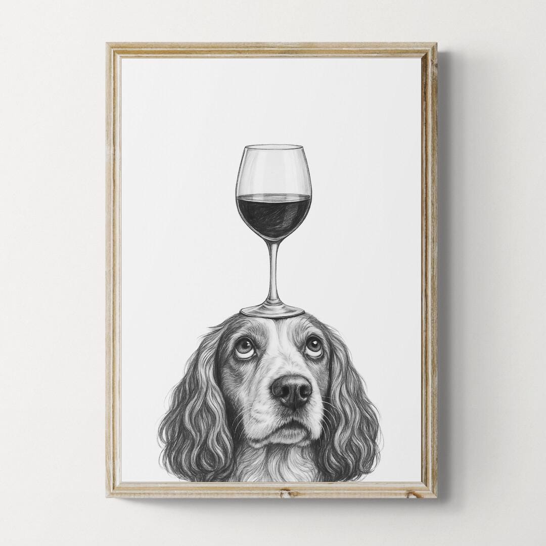 Springer Spaniel Dog Art Print, Funny Dog and Wine Drawing, Wine Lover ...