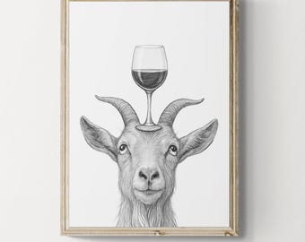 Puede incluir: Dibujo a lápiz enmarcado de una cabra con una copa de vino equilibrada sobre su cabeza. La cabra está representada de forma realista, con detalles en el pelaje y los rasgos faciales. La copa de vino está llena de vino tinto. La obra está enmarcada.