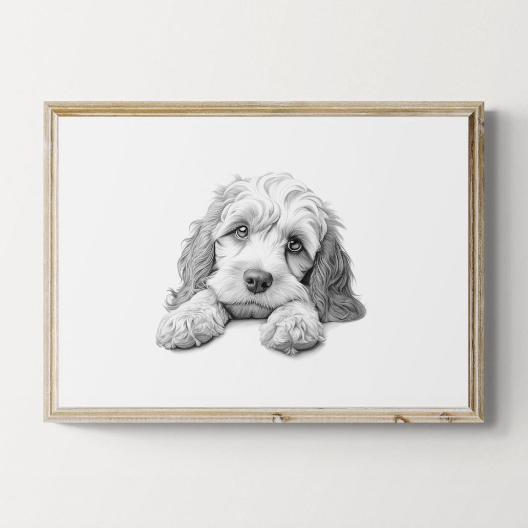 Cockapoo Print, Cute Dog Vintage Print, Dog Sketch, Farmhouse Decor ...