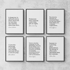 Peut inclure: Six citations inspirantes en noir et blanc sur le succès, la victoire et la confiance en soi. Les citations sont de Serena Williams, Billie Jean King, Novak Djokovic, Boris Becker, Andre Agassi et Arthur Ashe.