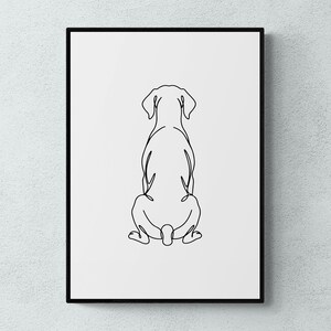 Puede incluir: Lámina enmarcada con un dibujo minimalista de un perro visto de espaldas. La obra utiliza una línea negra continua sobre fondo blanco, creando un diseño sencillo y moderno, ideal para la decoración.